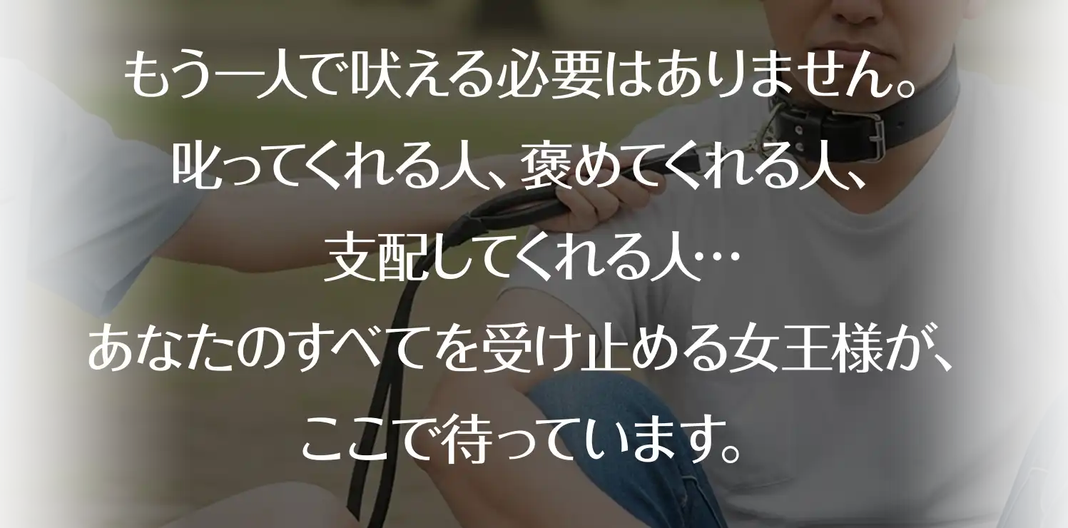 もう一人で吠える必要はありません。 叱ってくれる人、褒めてくれる人、 支配してくれる人… あなたのすべてを受け止める女王様が、ここで待っています。